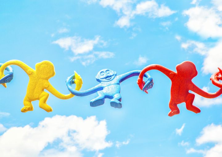 three assorted-color monkey plastic toys holding each other during daytime